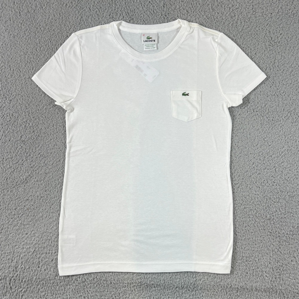 Lacoste Pocket T-Shirt Women US Size L (EU/10) White Short Sleeve Crew Neck NWT